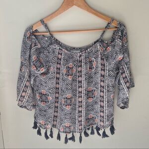 American Eagle Tassels Top Off Shoulders Blouse